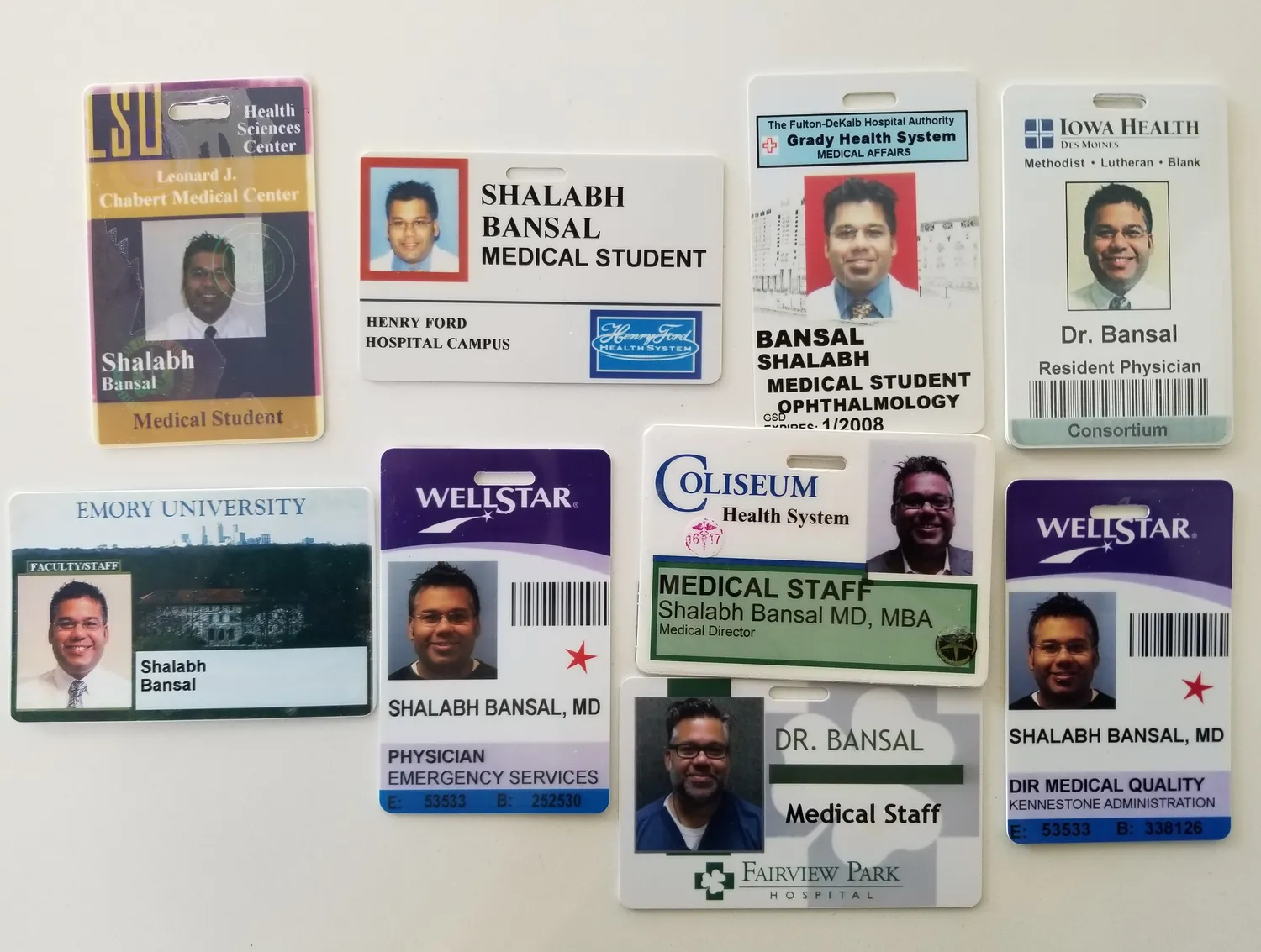 Dr. Bansal's ID badges, from medical student to physician leader